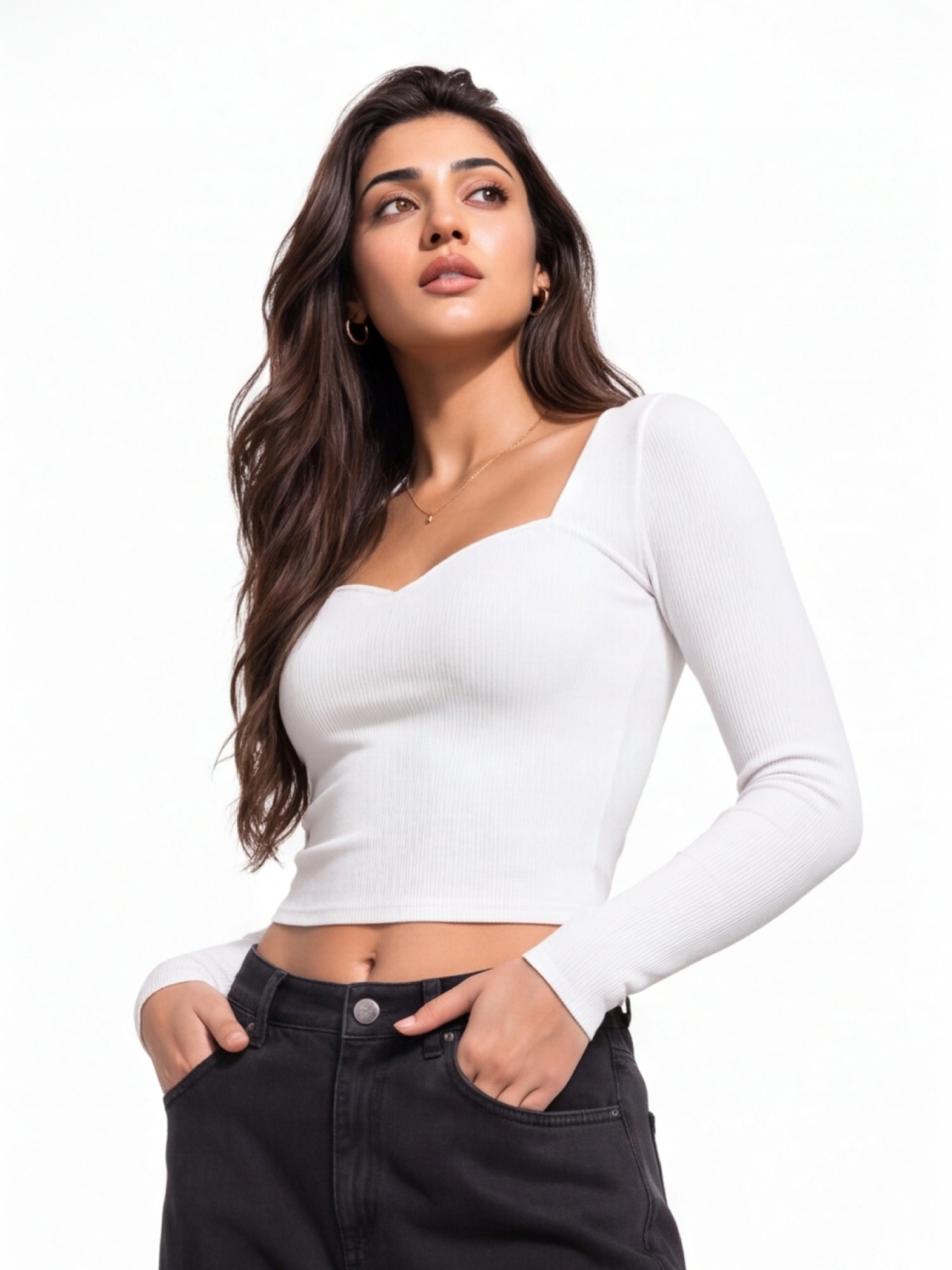 Ribbed Sweetheart Neck Full Sleeve Top