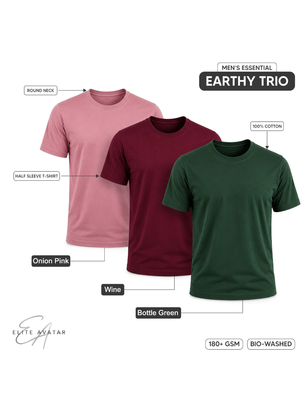 Earthy Trio | Men's Essential 100% Cotton Round Neck T-Shirt | Bottle Green + Wine + Onion Pink | Pack of 3