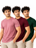 Earthy Trio | Men's Essential 100% Cotton Round Neck T-Shirt | Bottle Green + Wine + Onion Pink | Pack of 3
