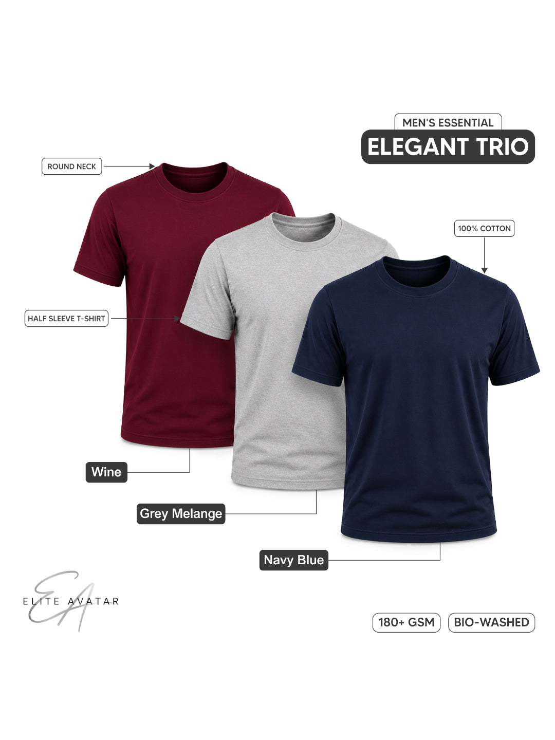 Elegant Trio | Men's Essential 100% Cotton Round Neck T-Shirt | Navy Blue + Grey Melange + Wine | Pack of 3