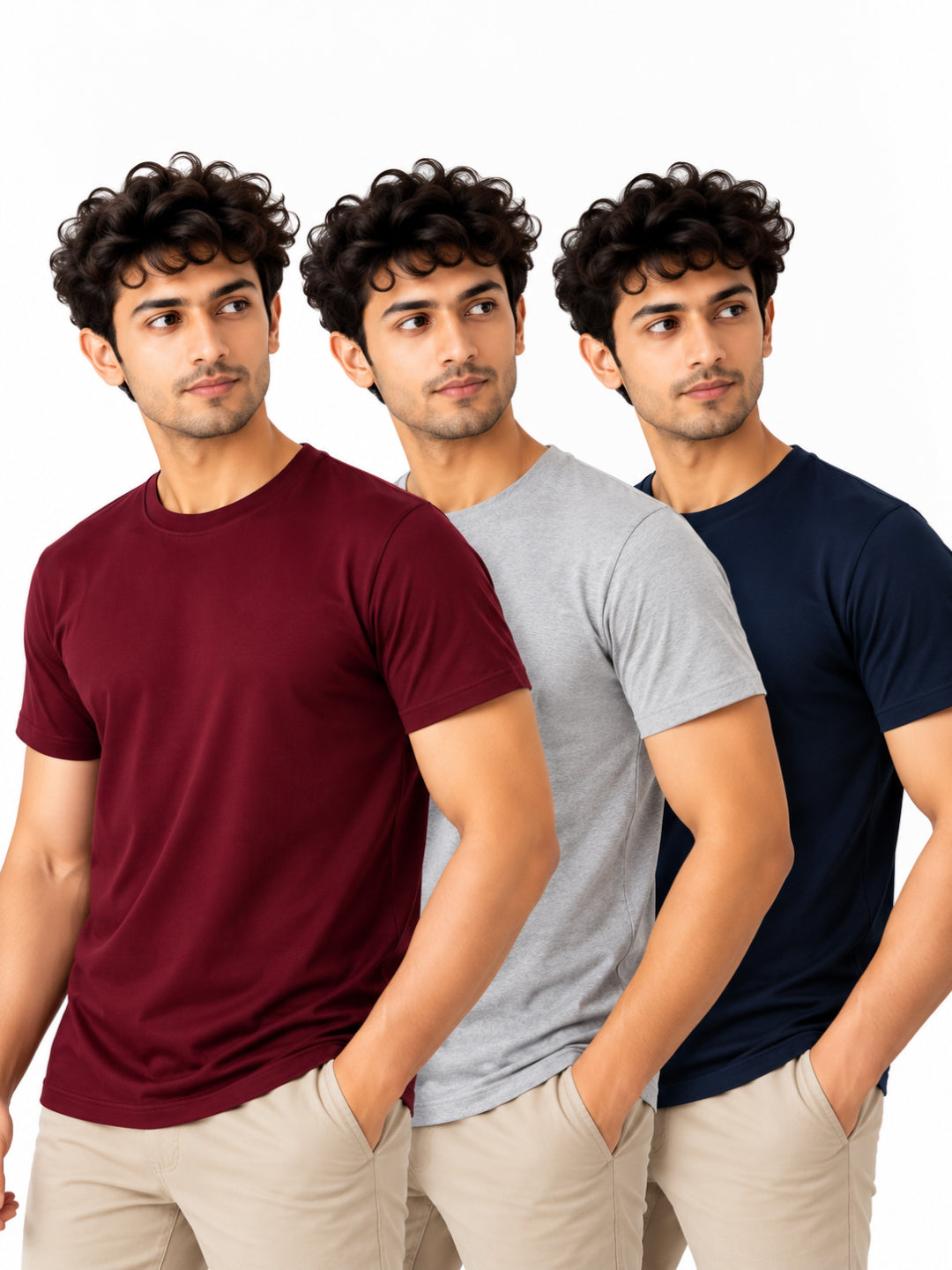 Elegant Trio | Men's Essential 100% Cotton Round Neck T-Shirt | Navy Blue + Grey Melange + Wine | Pack of 3
