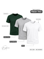 Fresh Trio | Men's Essential 100% Cotton Round Neck T-Shirt | White + Grey Melange + Bottle Green | Pack of 3