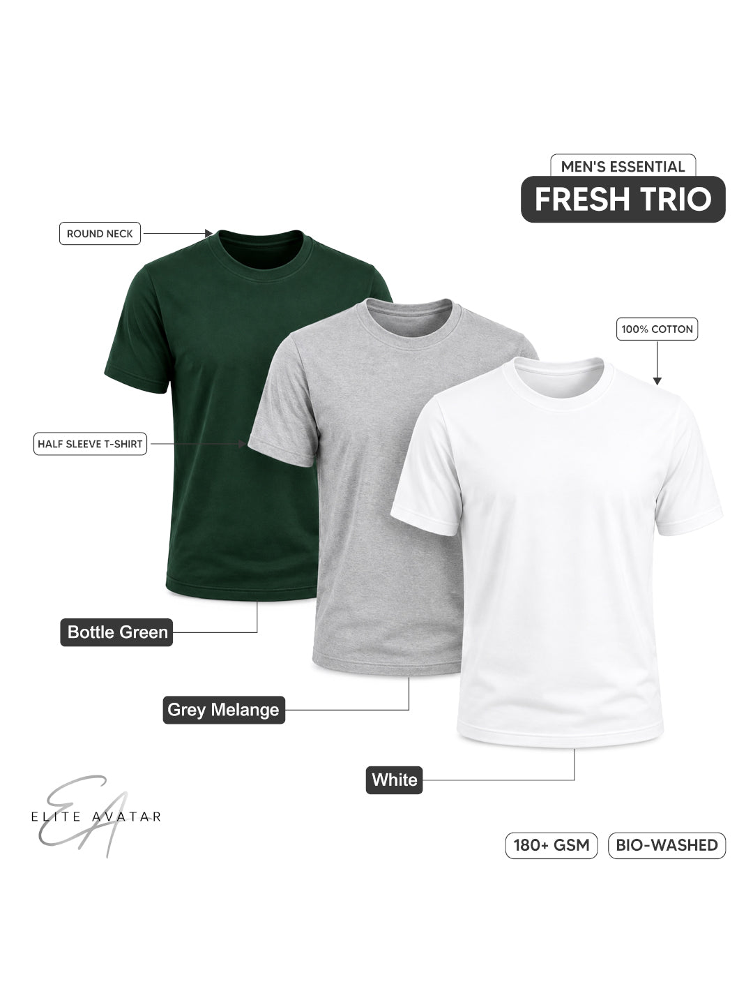 Fresh Trio | Men's Essential 100% Cotton Round Neck T-Shirt | White + Grey Melange + Bottle Green | Pack of 3
