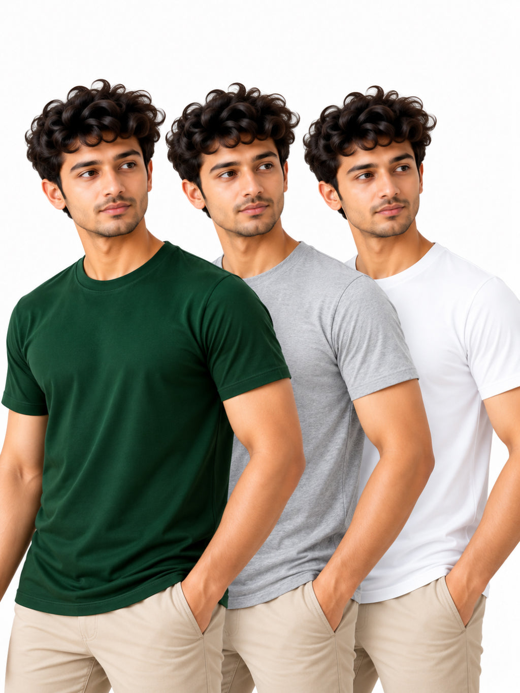 Fresh Trio | Men's Essential 100% Cotton Round Neck T-Shirt | White + Grey Melange + Bottle Green | Pack of 3