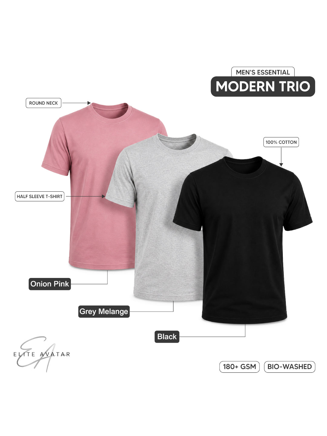 Modern Trio | Men's Essential 100% Cotton Round Neck T-Shirt | Black + Grey Melange + Onion Pink | Pack of 3