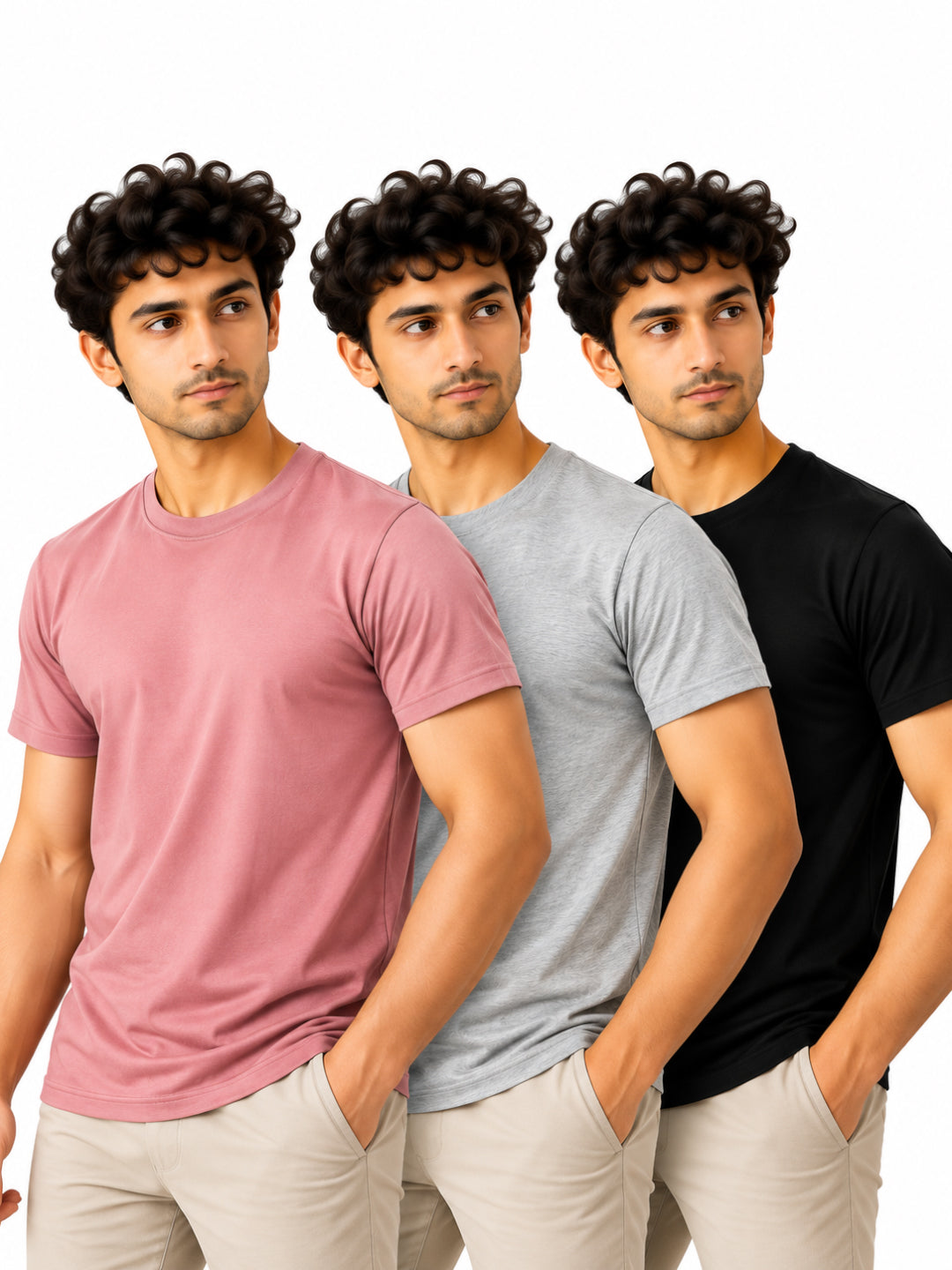 Modern Trio | Men's Essential 100% Cotton Round Neck T-Shirt | Black + Grey Melange + Onion Pink | Pack of 3
