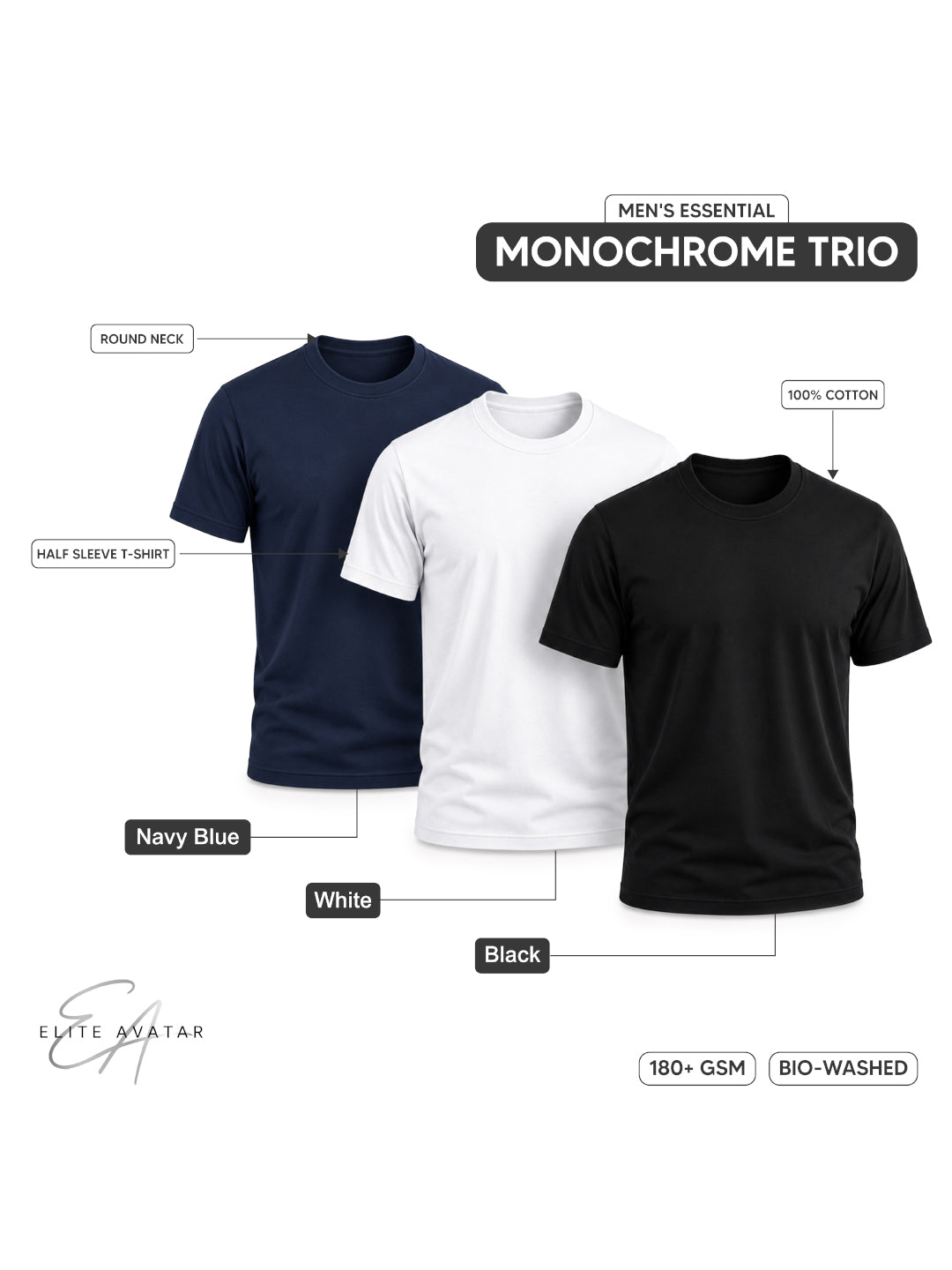 Monochrome Trio | Men's Essential 100% Cotton Round Neck T-Shirt | Black + White + Navy Blue | Pack of 3