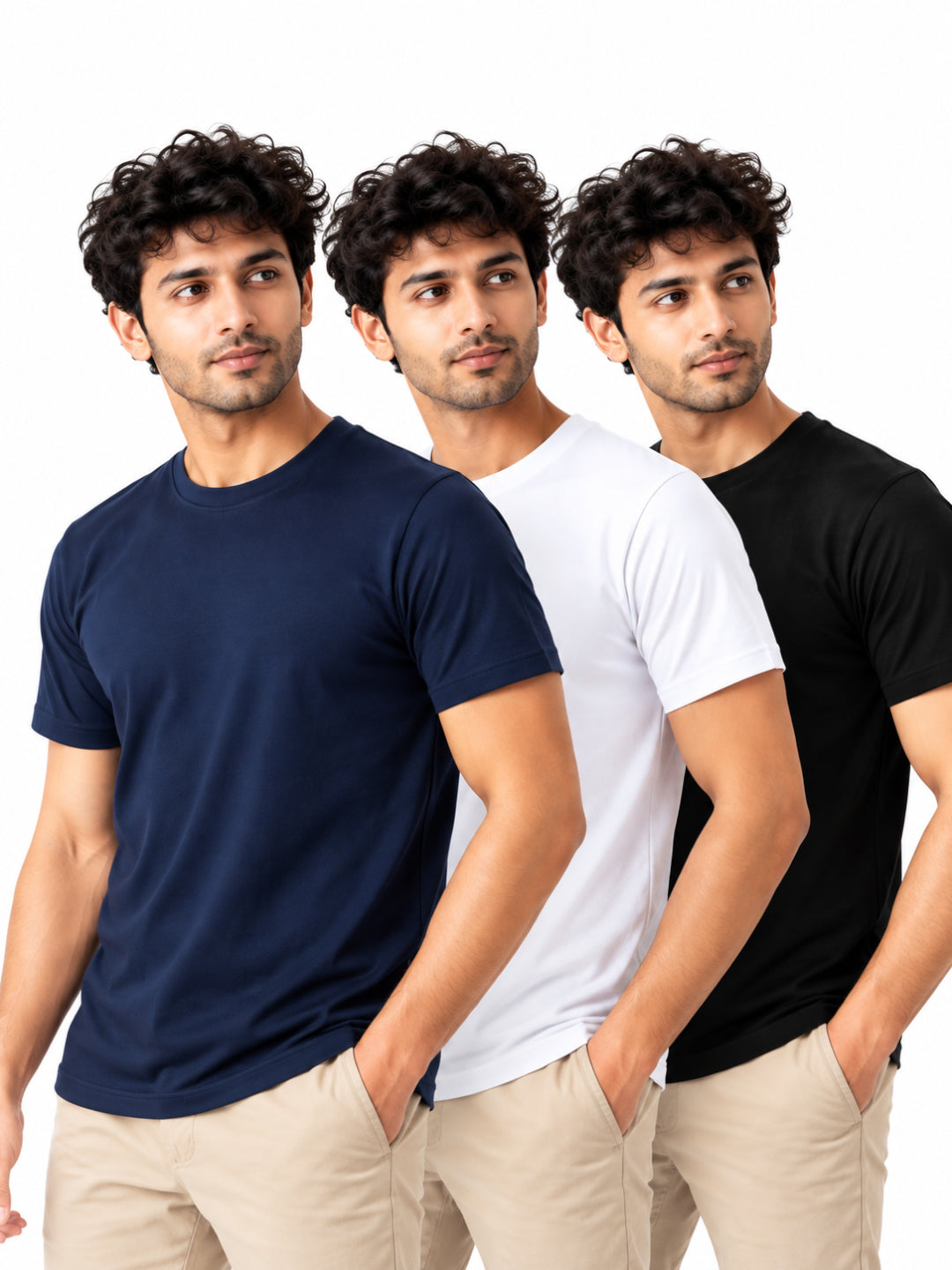 Monochrome Trio | Men's Essential 100% Cotton Round Neck T-Shirt | Black + White + Navy Blue | Pack of 3