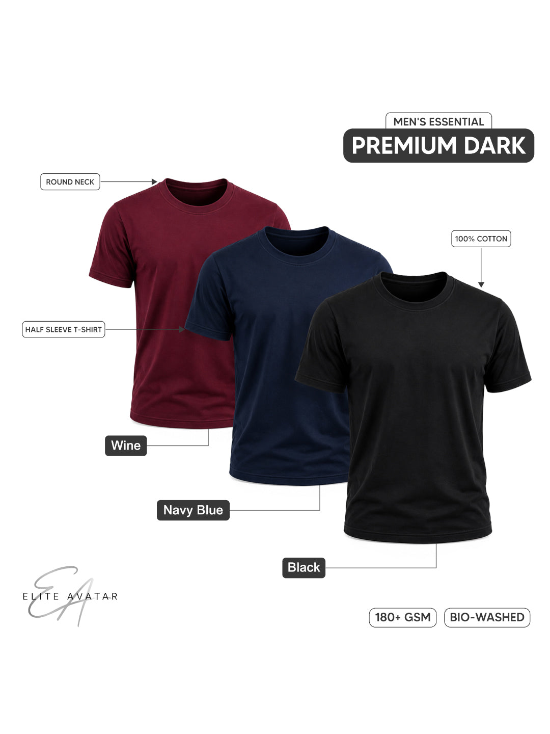 Premium Dark | Men's Essential 100% Cotton Round Neck T-Shirt | Black + Navy Blue + Wine | Pack of 3