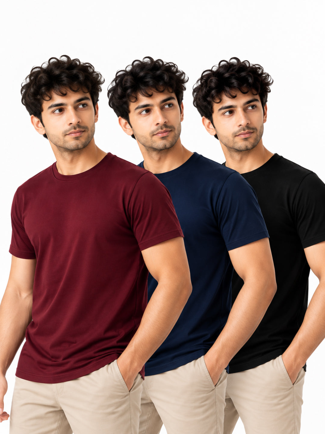 Premium Dark | Men's Essential 100% Cotton Round Neck T-Shirt | Black + Navy Blue + Wine | Pack of 3