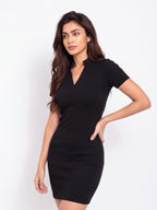 Ribbed V Neck Collar Dress