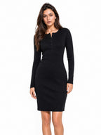 Ribbed Full Sleeve Front Button Dress