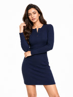Ribbed Full Sleeve Front Button Dress