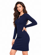 Ribbed Full Sleeve Front Button Dress