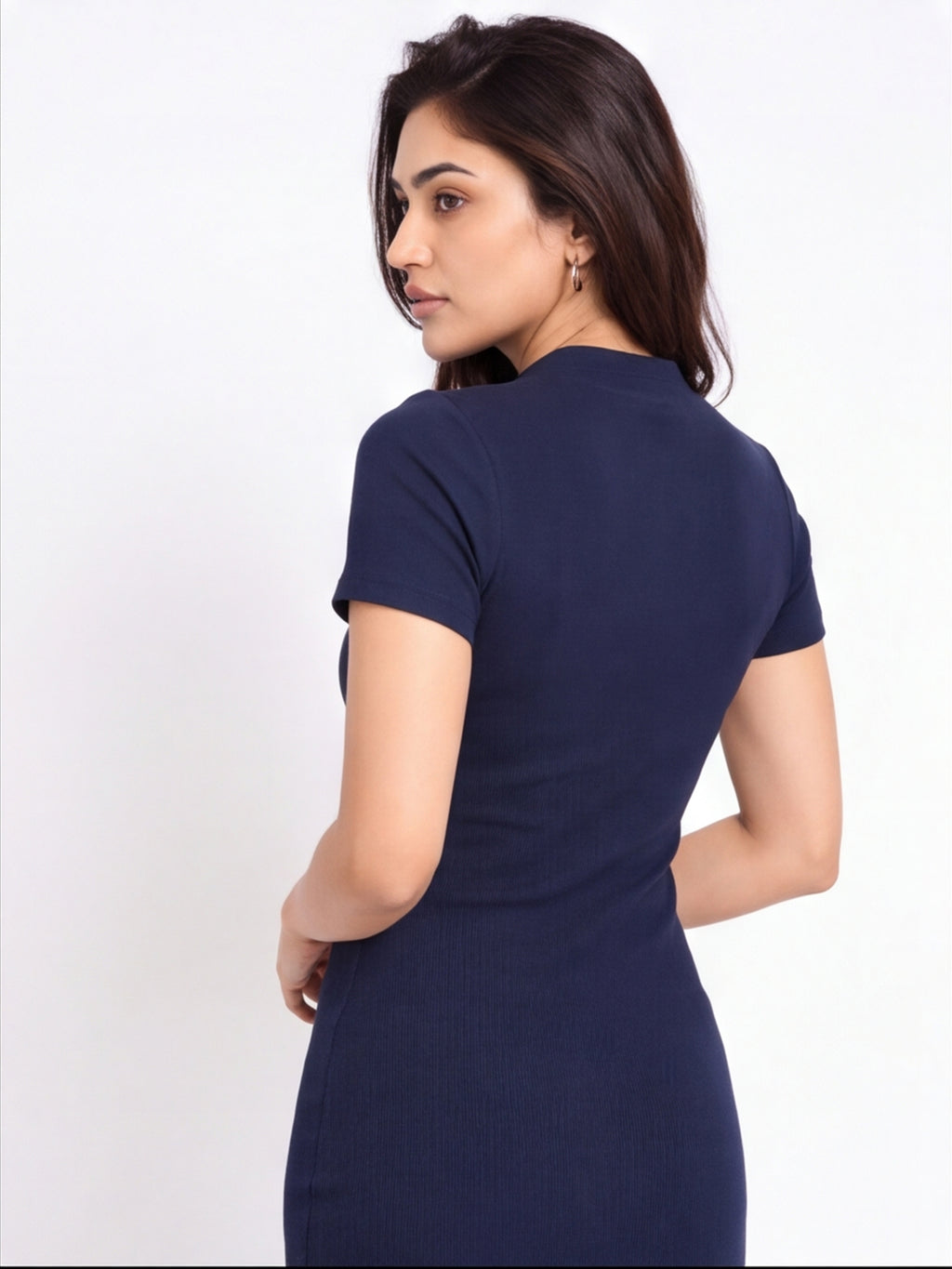 Ribbed V Neck Collar Dress