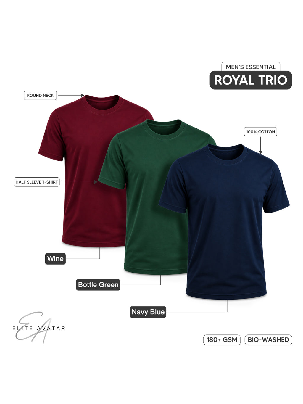 Royal Trio | Men's Essential 100% Cotton Round Neck T-Shirt | Navy Blue + Bottle Green + Wine | Pack of 3
