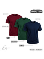 Royal Trio | Men's Essential 100% Cotton Round Neck T-Shirt | Navy Blue + Bottle Green + Wine | Pack of 3