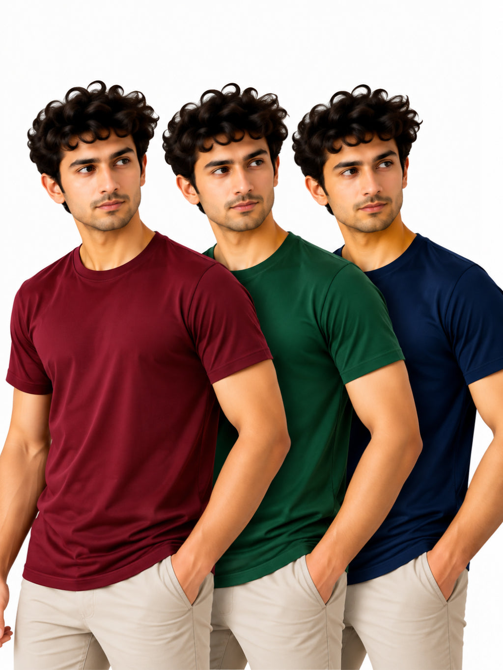 Royal Trio | Men's Essential 100% Cotton Round Neck T-Shirt | Navy Blue + Bottle Green + Wine | Pack of 3