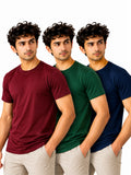 Royal Trio | Men's Essential 100% Cotton Round Neck T-Shirt | Navy Blue + Bottle Green + Wine | Pack of 3