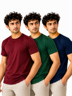 Royal Trio | Men's Essential 100% Cotton Round Neck T-Shirt | Navy Blue + Bottle Green + Wine | Pack of 3