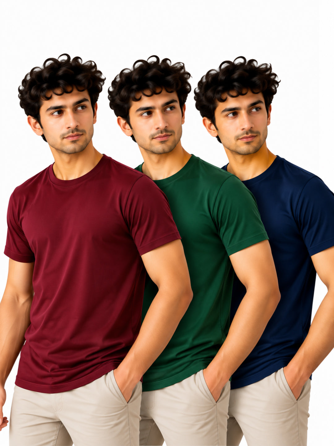 Royal Trio | Men's Essential 100% Cotton Round Neck T-Shirt | Navy Blue + Bottle Green + Wine | Pack of 3