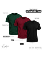 Signature Trio | Men's Essential 100% Cotton Round Neck T-Shirt | Black + Wine + Bottle Green | Pack of 3