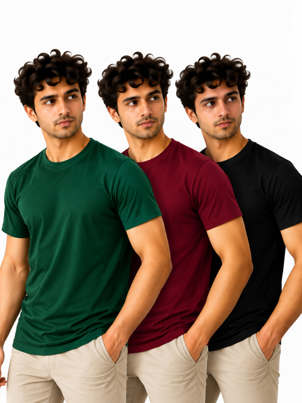 Signature Trio | Men's Essential 100% Cotton Round Neck T-Shirt | Black + Wine + Bottle Green | Pack of 3