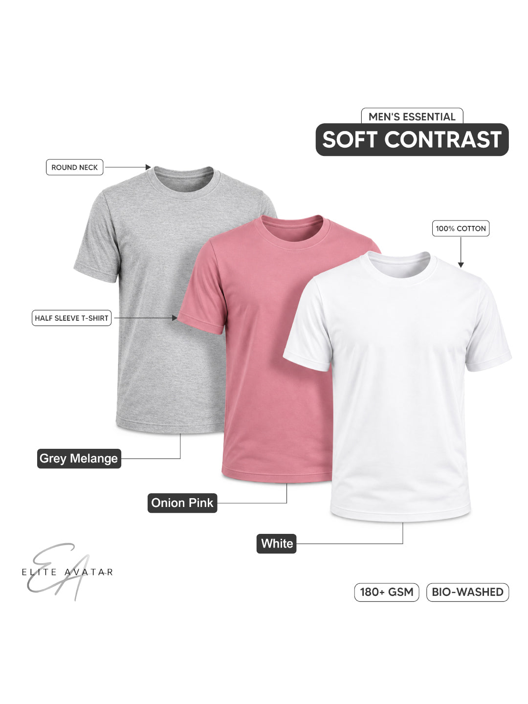 Soft Contrast | Men's Essential 100% Cotton Round Neck T-Shirt | White + Onion Pink + Grey Melange | Pack of 3