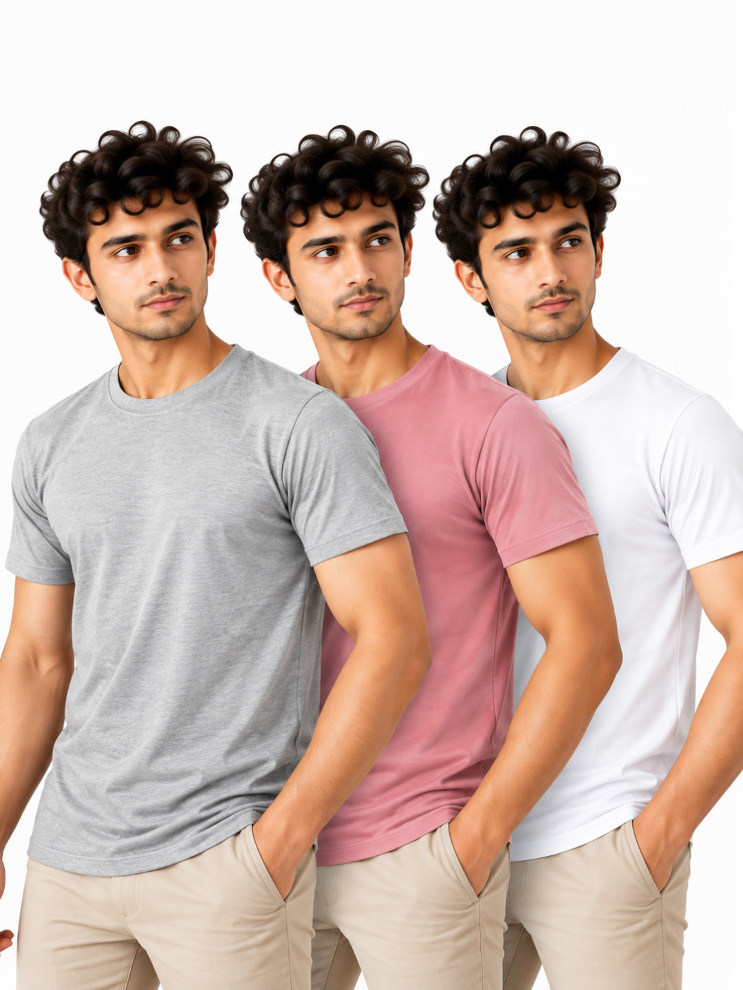 Soft Contrast | Men's Essential 100% Cotton Round Neck T-Shirt | White + Onion Pink + Grey Melange | Pack of 3