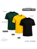 Statement Trio | Men's Essential 100% Cotton Round Neck T-Shirt | Black + Yellow + Wine | Pack of 3