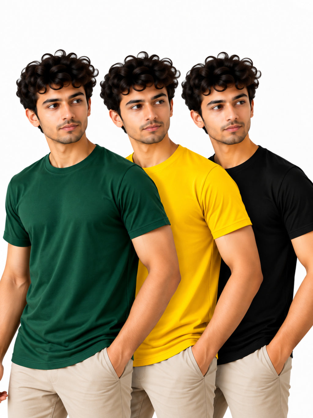 Statement Trio | Men's Essential 100% Cotton Round Neck T-Shirt | Black + Yellow + Wine | Pack of 3