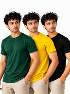 Statement Trio | Men's Essential 100% Cotton Round Neck T-Shirt | Black + Yellow + Wine | Pack of 3