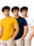 Summer Classic | Men's Essential 100% Cotton Round Neck T-Shirt | White + Navy Blue + Yellow | Pack of 3