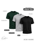 Urban Trio | Men's Essential 100% Cotton Round Neck T-Shirt | Black + Grey Melange + Bottle Green | Pack of 3