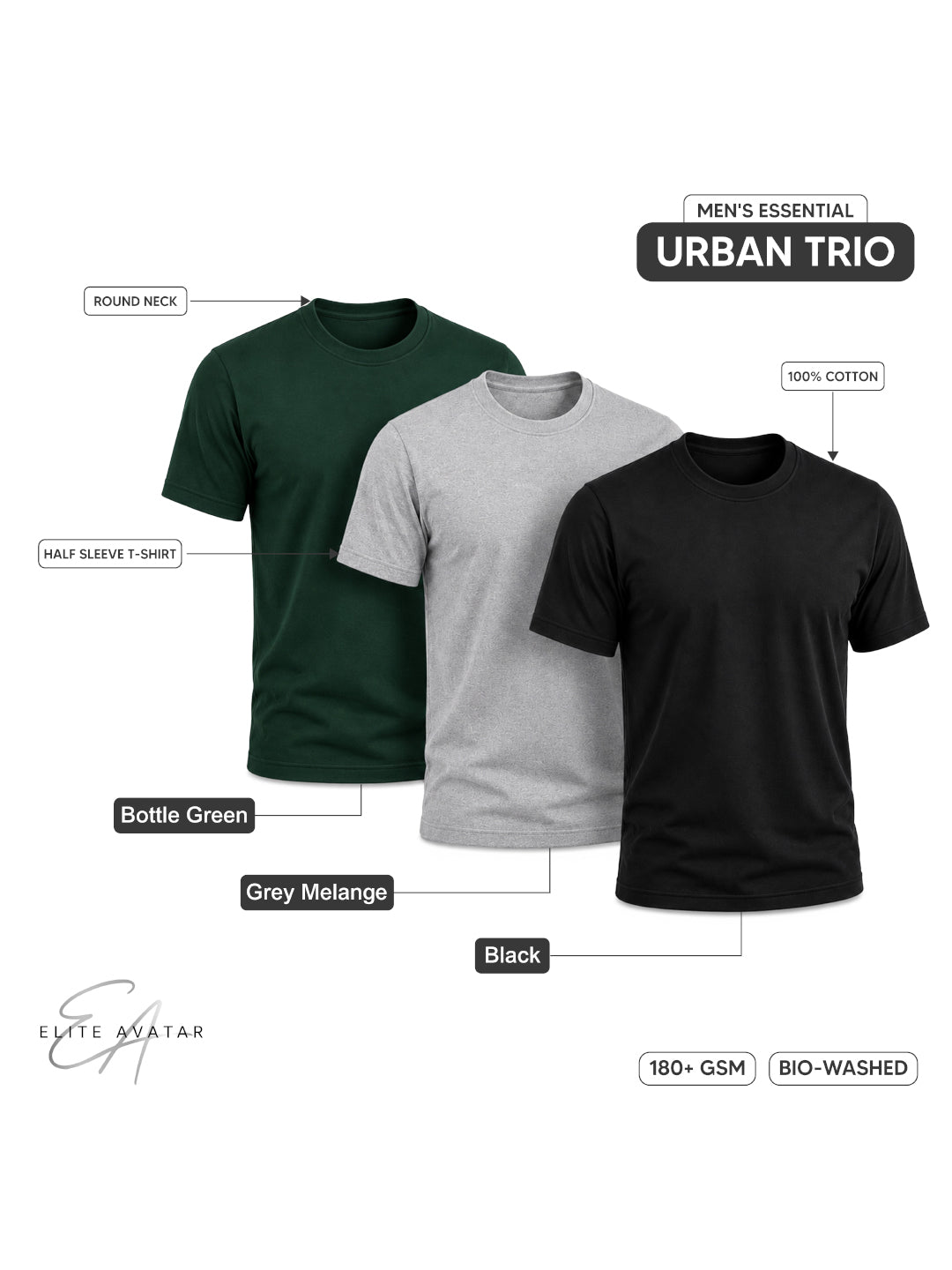 Urban Trio | Men's Essential 100% Cotton Round Neck T-Shirt | Black + Grey Melange + Bottle Green | Pack of 3