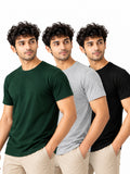 Urban Trio | Men's Essential 100% Cotton Round Neck T-Shirt | Black + Grey Melange + Bottle Green | Pack of 3
