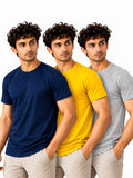 Weekend Trio | Men's Essential 100% Cotton Round Neck T-Shirt | Grey Melange + Yellow + Navy Blue | Pack of 3