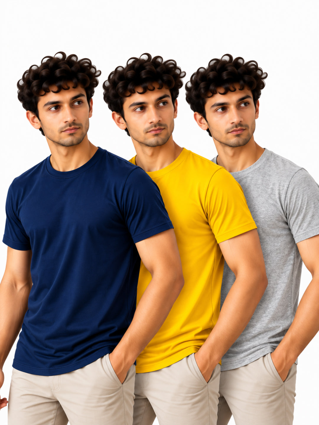 Weekend Trio | Men's Essential 100% Cotton Round Neck T-Shirt | Grey Melange + Yellow + Navy Blue | Pack of 3
