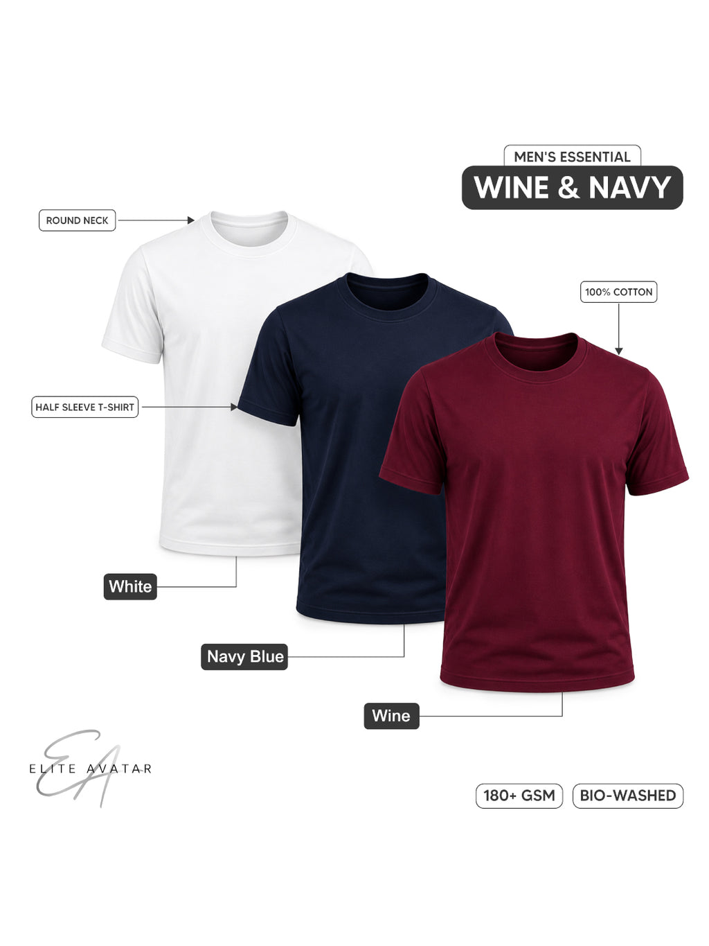 Wine & Navy | Men's Essential 100% Cotton Round Neck T-Shirt | Wine + Navy Blue + White | Pack of 3