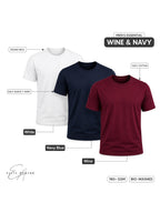 Wine & Navy | Men's Essential 100% Cotton Round Neck T-Shirt | Wine + Navy Blue + White | Pack of 3