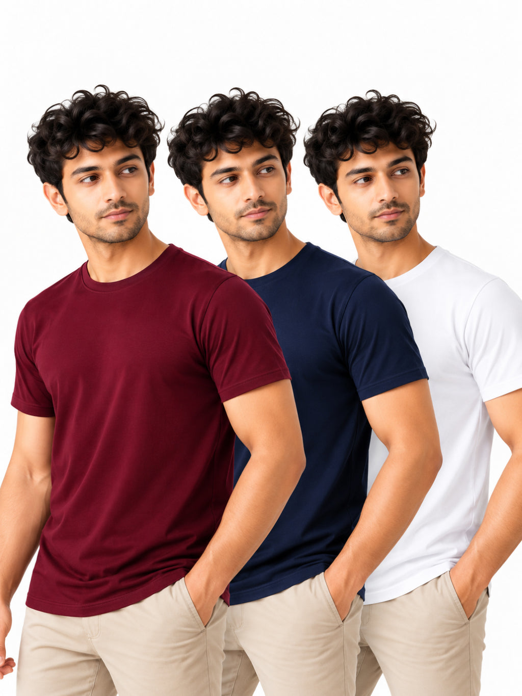 Wine & Navy | Men's Essential 100% Cotton Round Neck T-Shirt | Wine + Navy Blue + White | Pack of 3