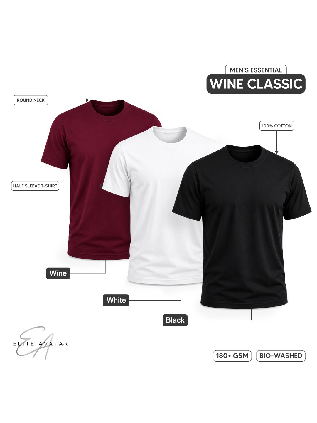 Wine Classic | Men's Essential 100% Cotton Round Neck T-Shirt | Black + White + Wine | Pack of 3