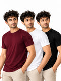 Wine Classic | Men's Essential 100% Cotton Round Neck T-Shirt | Black + White + Wine | Pack of 3