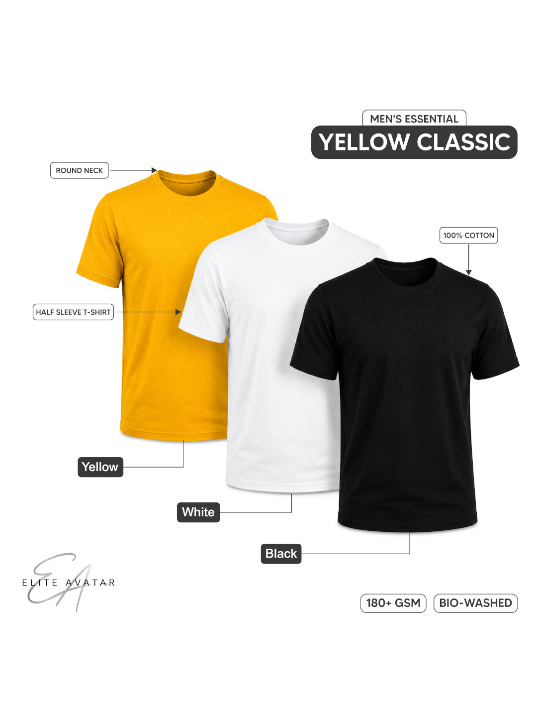 Yellow Classic | Men's Essential 100% Cotton Round Neck T-Shirt | Black + White + Yellow | Pack of 3