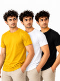 Yellow Classic | Men's Essential 100% Cotton Round Neck T-Shirt | Black + White + Yellow | Pack of 3