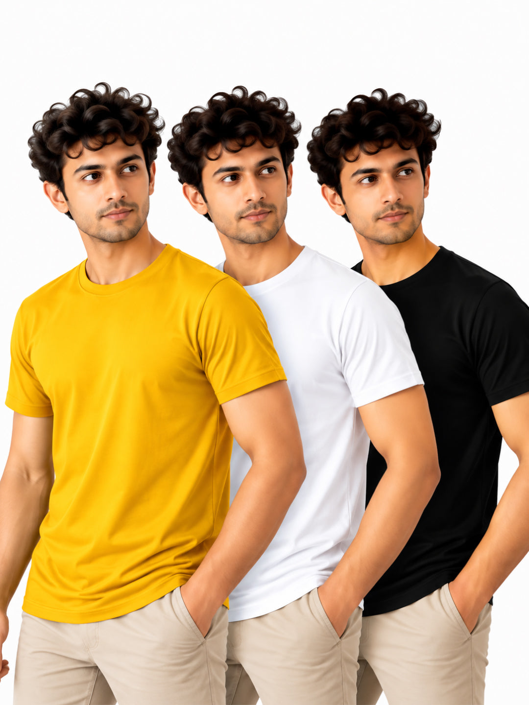 Yellow Classic | Men's Essential 100% Cotton Round Neck T-Shirt | Black + White + Yellow | Pack of 3